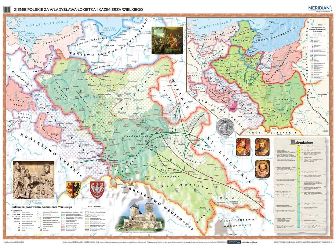 Polska / Ziemie polskie za Władysława Łokietka i Kazimierza Wielkiego. Mapa ścienna 200 x 150 cm. Drewniane półwałki