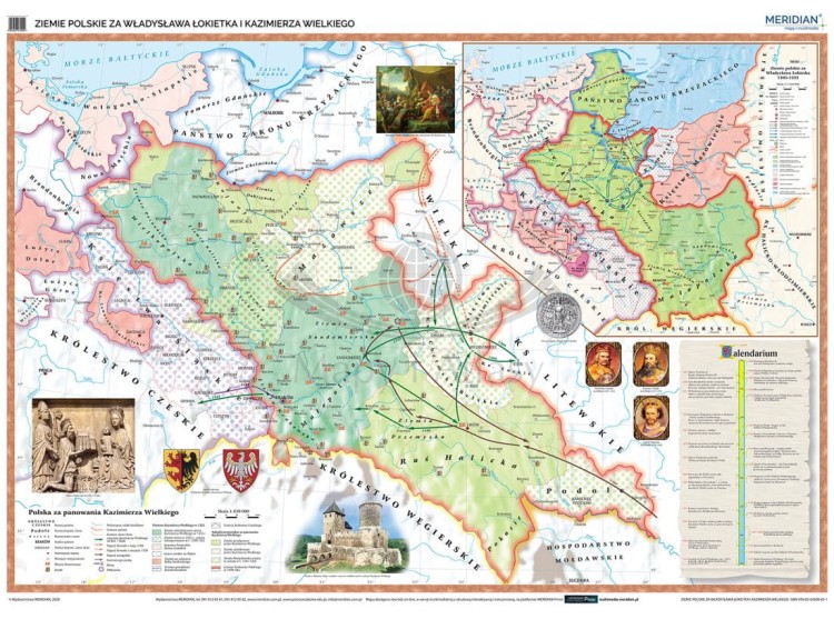 Ziemie polskie za Władysława Łokietka i Kazimierza Wielkiego. Mapa ścienna wydawnictwa Meridian