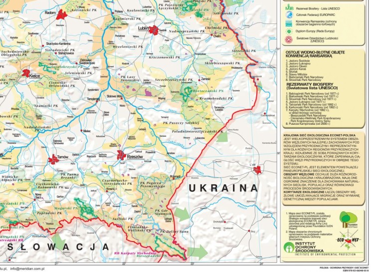 Polska ekologiczna 1:600 000. Mapa ścienna. Ochrona przyrody i sieć ECONET. Wydawnictwo: Meridian. Fragment 2