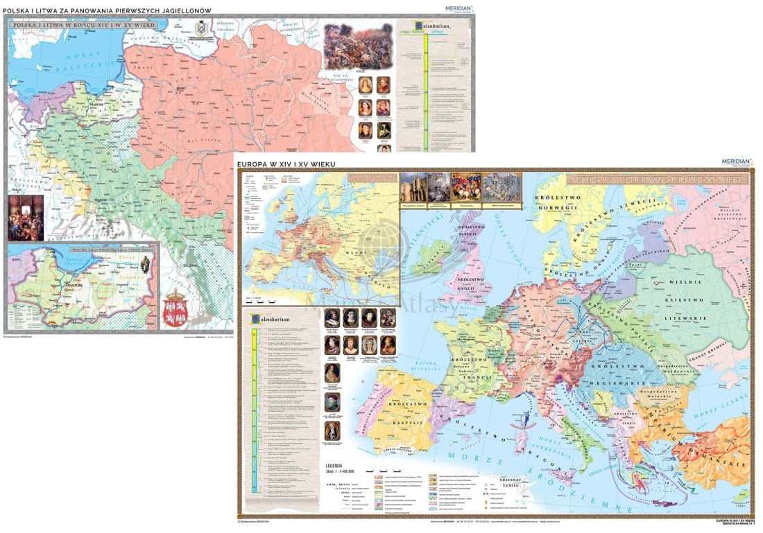 Polska i Litwa za pierwszych Jagiellonów / Europa XIV - XV w. Dwustronna mapa ścienna. Drewniane półwałki