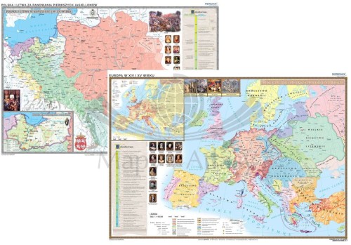 Polska i Litwa za pierwszych Jagiellonów / Europa XIV - XV w. Dwustronna mapa ścienna wydawnictwa Meridian