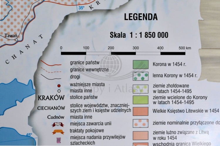 Polska i Litwa za pierwszych Jagiellonów / Europa XIV - XV w. Dwustronna mapa ścienna wydawnictwa Meridian. Strona 1 - legenda