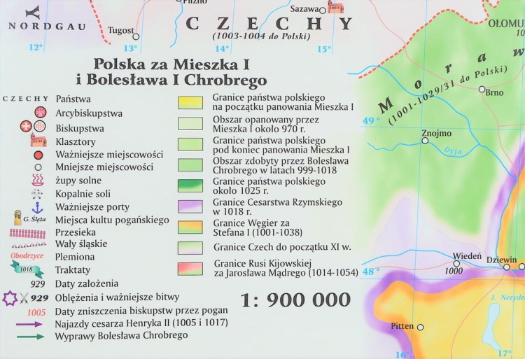 Polska pierwszych Piastów. Mapa ścienna wydawnictwa Meridian. Legenda
