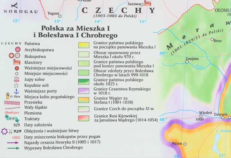Polska pierwszych Piastów. Mapa ścienna wydawnictwa Meridian. Legenda