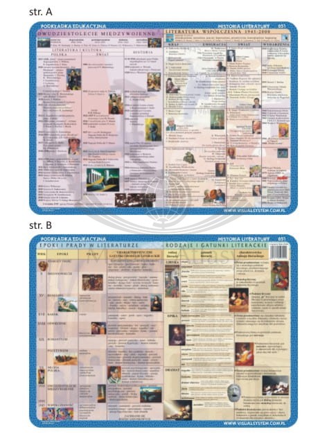 Literatura: 20-lecie międzywojenne, współczesność. Epoki i prądy w literaturze, rodzaje i gatunki literackie. Dwustronna podkładka edukacyjna
