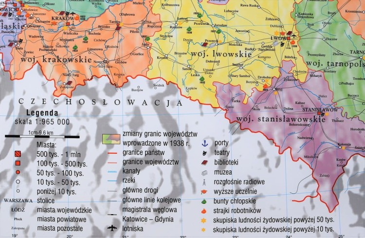 Polska w latach 1919-1939. Mapa ścienna wydawnictwa Meridian. Legenda
