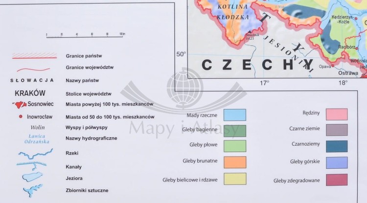 Polska - rodzaje gleb 1:650 000. Mapa ścienna wydawnictwa Meridian. Legenda