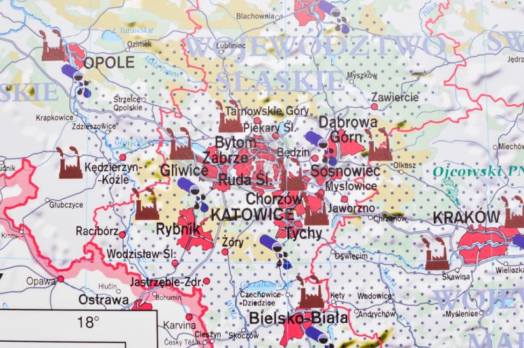 Polska 1:550 000. Degradacja środowiska w Polsce. Mapa ścienna wydawnictwa Meridian. Fragment 3
