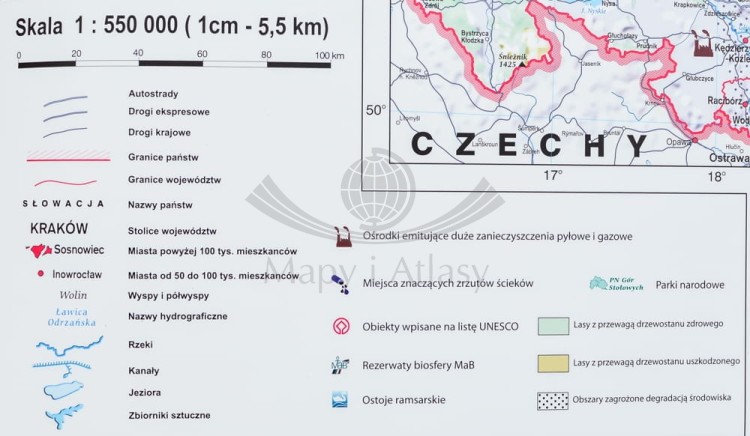 Polska 1:550 000. Degradacja środowiska w Polsce. Mapa ścienna wydawnictwa Meridian. Legenda