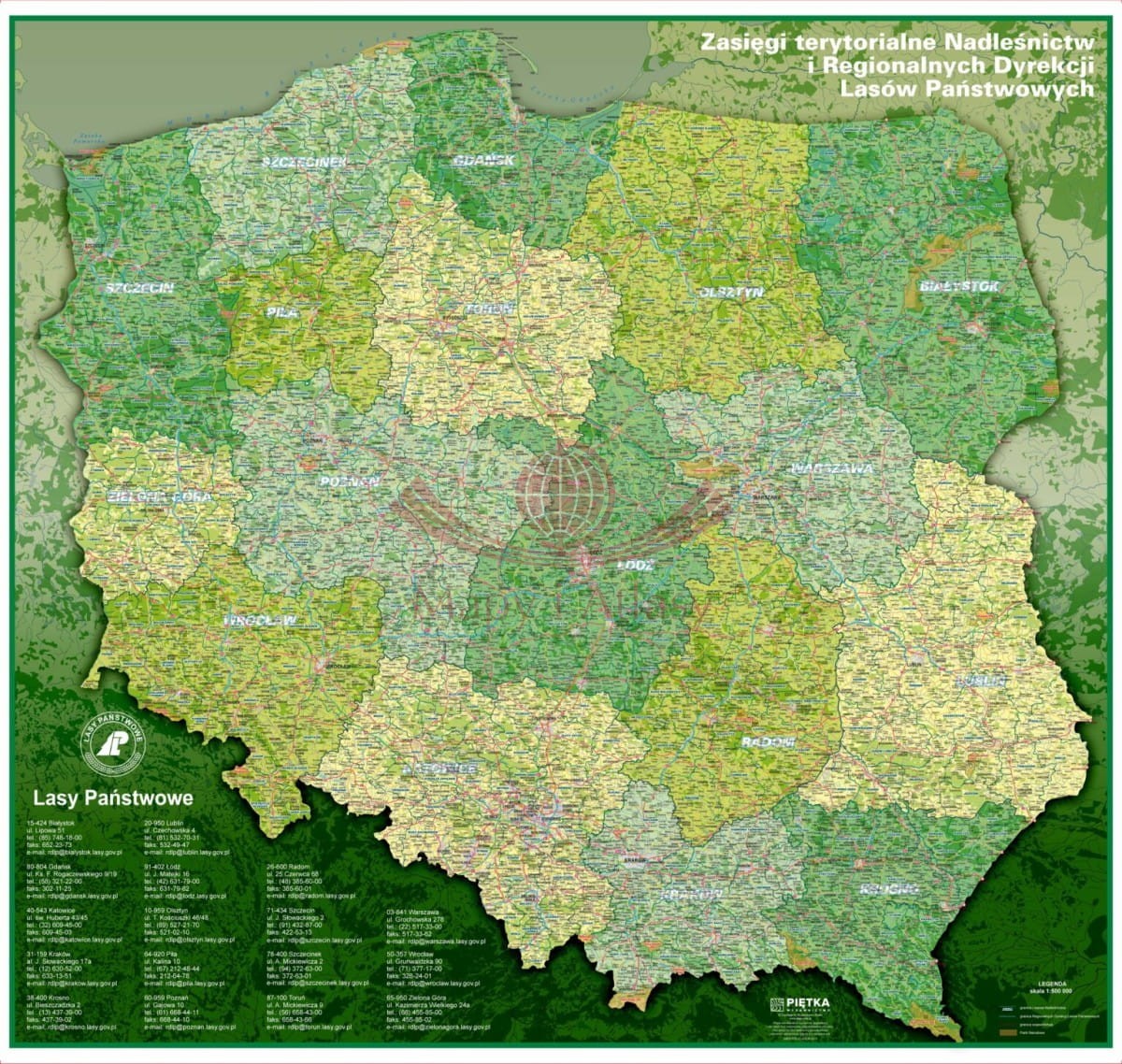 Polska lasy 1:500 000. Mapa ścienna. Zasięgi terytorialne Nadleśnictw i Regionalnych Dyrekcji Lasów Państwowych. Wersja STRONG