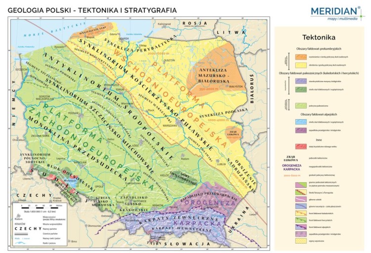 Polska 1:850 000. Geologia Polski - tektonika i stratygrafia. Mapa ścienna wydawnictwa Meridian. Mapa 1