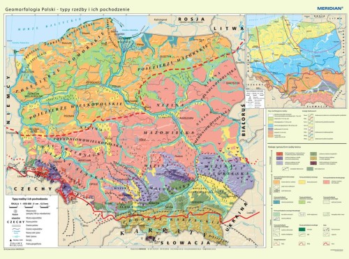 Polska 1:650 000. Geomorfologia Polski - typy rzeźby i ich pochodzenie. Mapa ścienna wydawnictwa Meridian