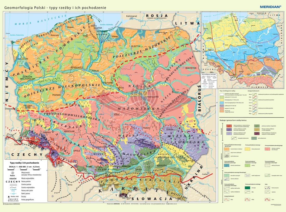 Polska 1:550 000. Geomorfologia Polski - typy rzeźby i ich pochodzenie. Mapa ścienna. Drewniane półwałki