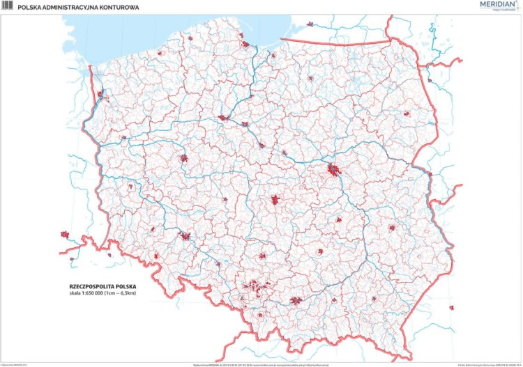 Polska 1:650 000. Mapa ścienna konturowa (administracyjna) wydawnictwa Meridian