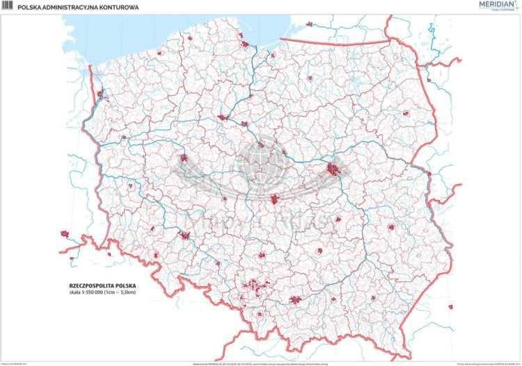Polska 1:550 000. Mapa ścienna konturowa (administracyjna) wydawnictwa Meridian