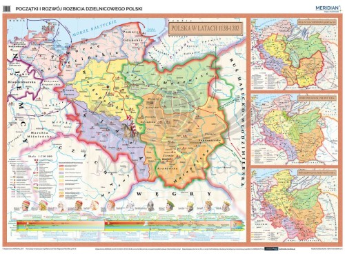 Rozbicie dzielnicowe Polski. Mapa ścienna wydawnictwa Meridian