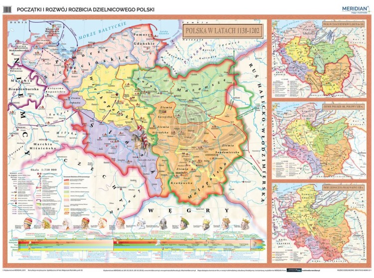 Rozbicie dzielnicowe Polski. Mapa ścienna wydawnictwa Meridian