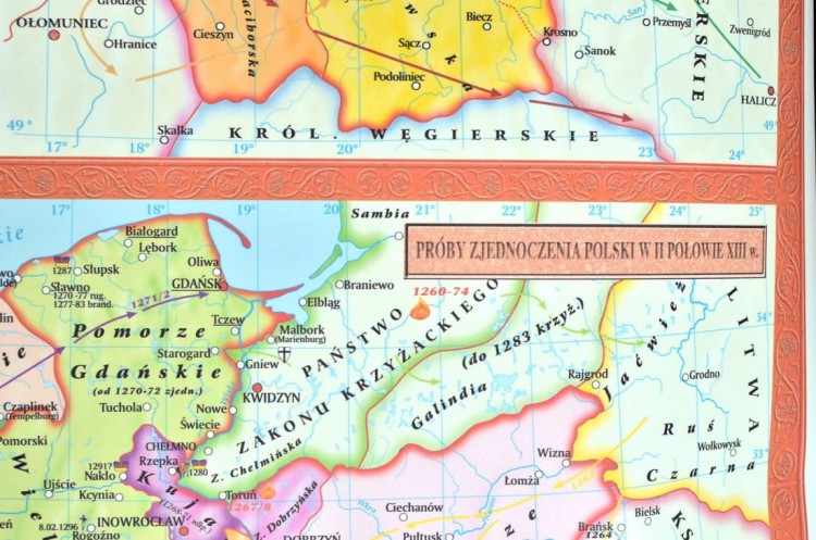 Rozbicie dzielnicowe Polski. Mapa ścienna wydawnictwa Meridian. Fragment 6