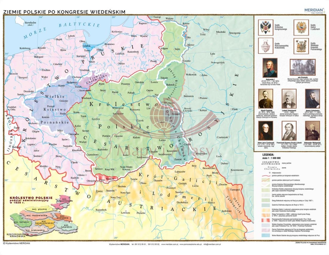 Polska. Ziemie polskie po kongresie wiedeńskim. Mapa ścienna 120 x 90 cm. Drewniane półwałki