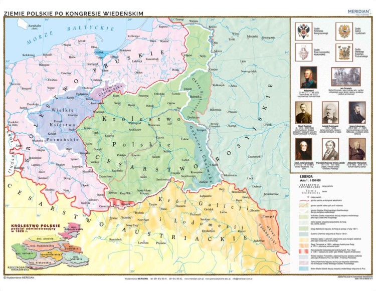 Ziemie polskie po kongresie wiedeńskim. Mapa ścienna wydawnictwa Meridian