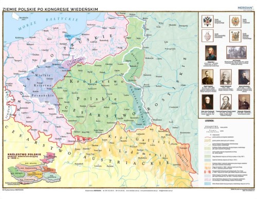 Ziemie polskie po kongresie wiedeńskim. Mapa ścienna wydawnictwa Meridian