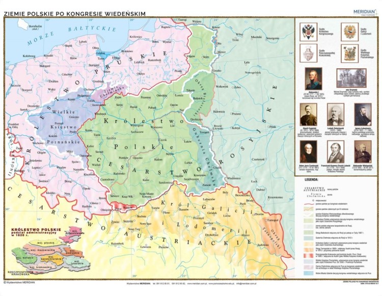 Ziemie polskie po kongresie wiedeńskim. Mapa ścienna wydawnictwa Meridian