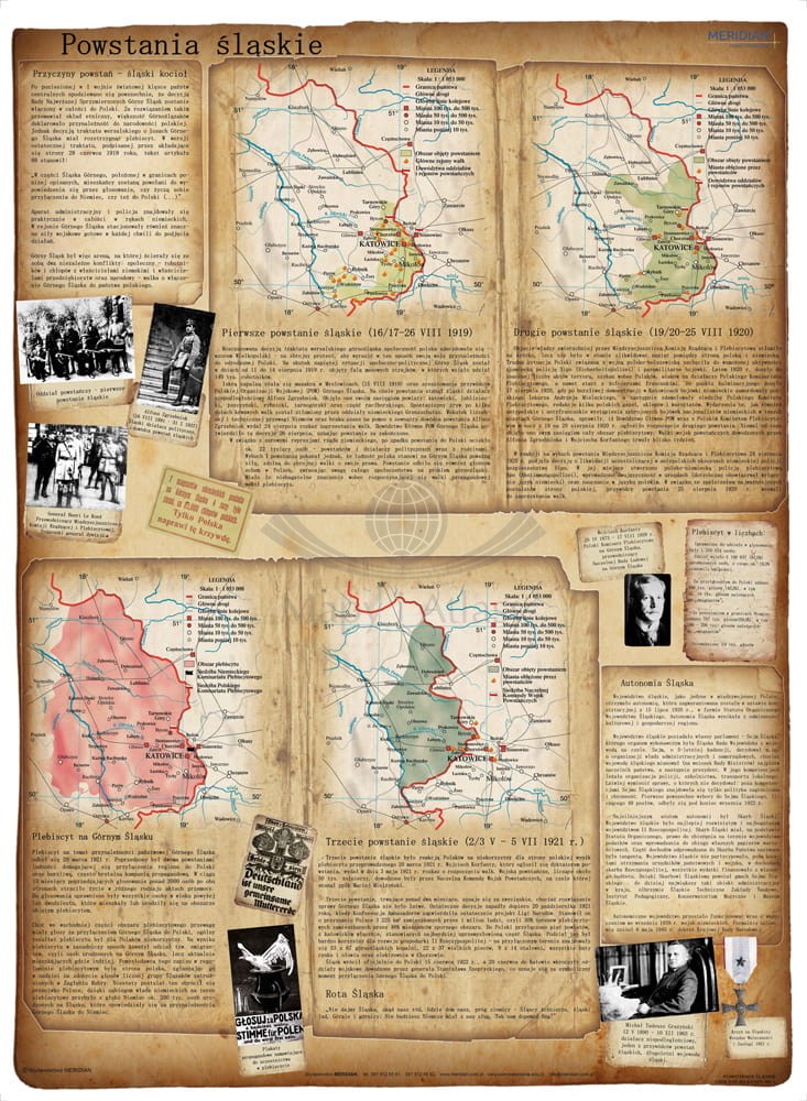 Powstania śląskie. Mapa ścienna 150 x 200 cm. Drewniane półwałki