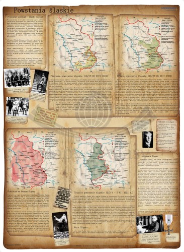 Powstania śląskie. Mapa ścienna 150 x 200 cm. Drewniane półwałki