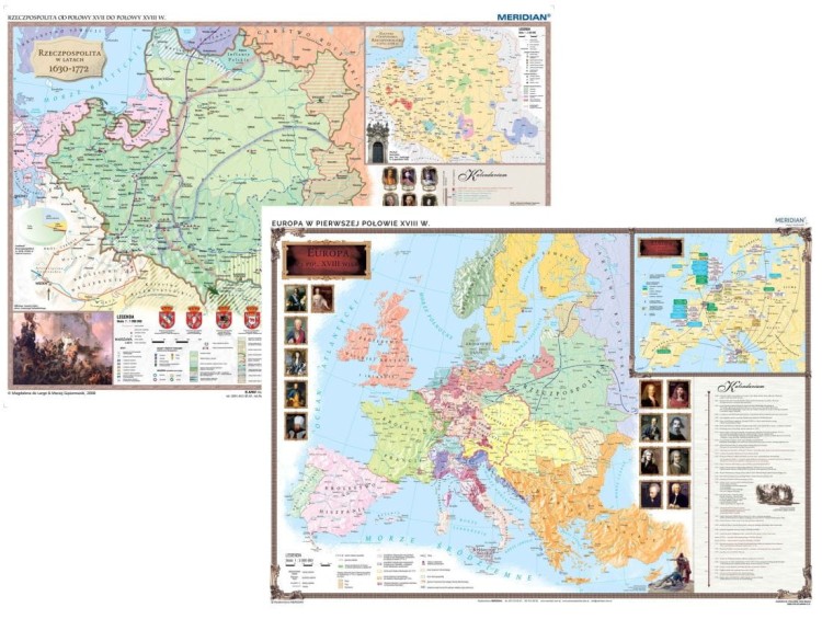 Rzeczpospolita Polska w XVII i XVIII w. / Europa do połowy XVIII w. Dwustronna mapa ścienna wydawnictwa Meridian