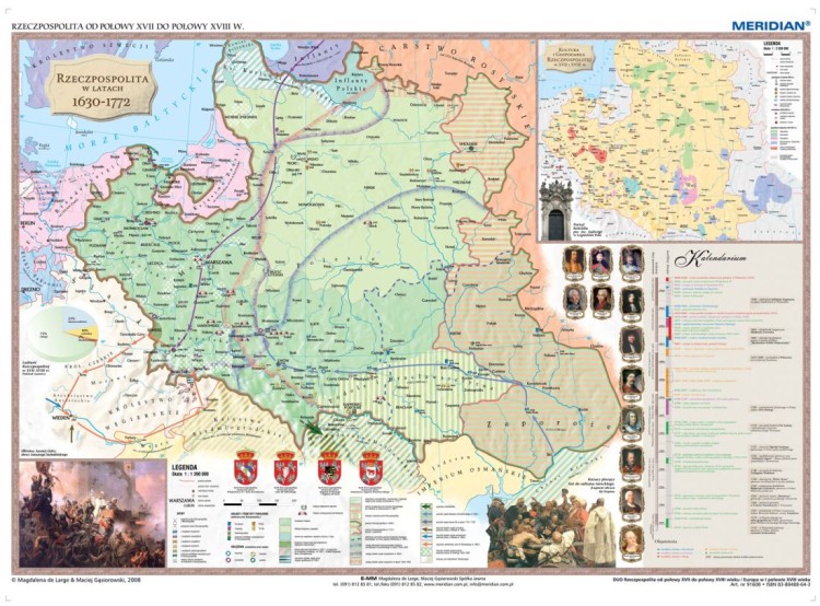 Rzeczpospolita Polska w XVII i XVIII w. / Europa do połowy XVIII w. Dwustronna mapa ścienna wydawnictwa Meridian. Strona 1