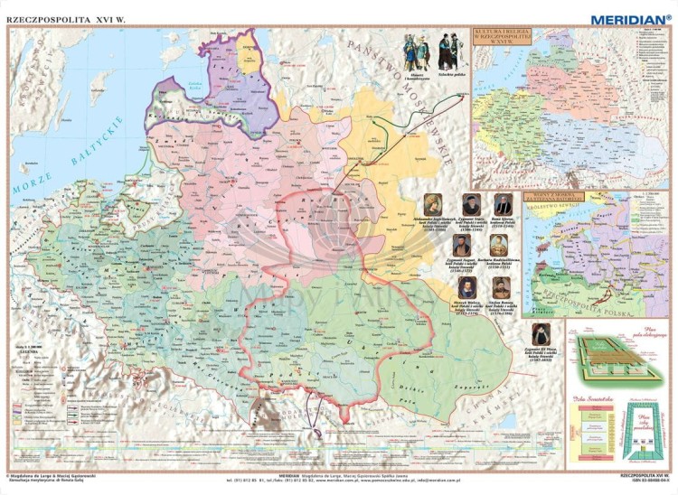 Rzeczpospolita Polska po Unii Lubelskiej / Europa XVI w. Dwustronna mapa ścienna wydawnictwa Meridian. Strona 1