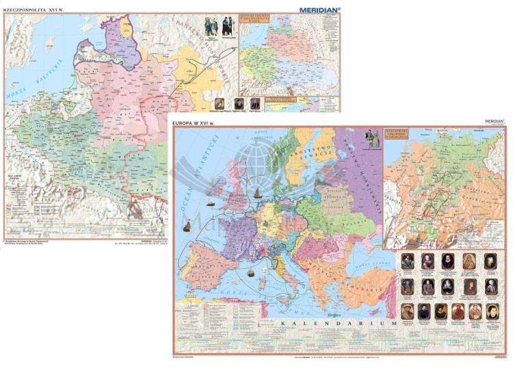 Rzeczpospolita Polska po Unii Lubelskiej / Europa XVI w. Dwustronna mapa ścienna wydawnictwa Meridian