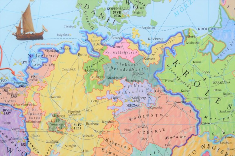 Rzeczpospolita Polska po Unii Lubelskiej / Europa XVI w. Dwustronna mapa ścienna wydawnictwa Meridian. Strona 2 - fragment 1