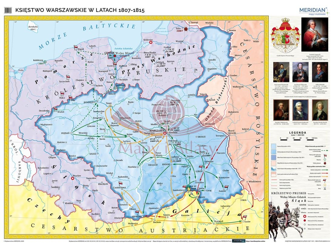 Księstwo Warszawskie w latach 1807-1815. Mapa ścienna 120 x 90 cm. Drewniane półwałki