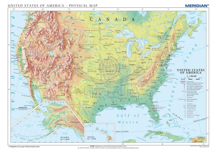 Stany Zjednoczone / USA 1:1 900 000. Mapa ścienna fizyczna w języku angielskim wydawnictwa Meridian
