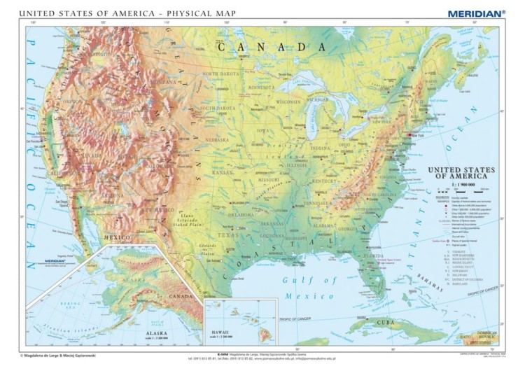 Stany Zjednoczone / USA 1:1 500 000. Mapa ścienna fizyczna w języku angielskim wydawnictwa Meridian