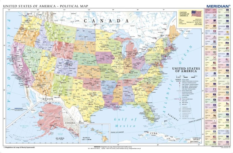 Stany Zjednoczone / USA 1:1 400 000. Mapa ścienna polityczna w języku angielskim wydawnictwa Meridian