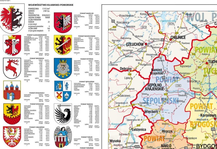 Województwo kujawsko-pomorskie 1:170 000. Mapa ścienna administracyjna. Drewniane półwałki. Fragment 2