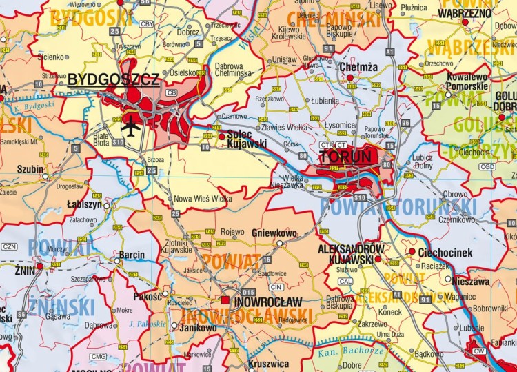 Województwo kujawsko-pomorskie 1:170 000. Mapa ścienna administracyjna. Drewniane półwałki. Fragment 1