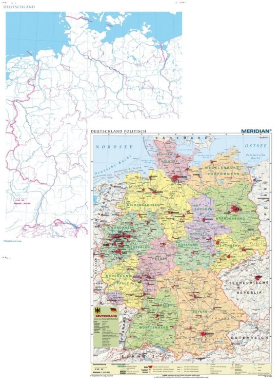 Niemcy. Dwustronna mapa ścienna w języku niemieckim wydawnictwa Meridian.  Administracyjna i konturowa
