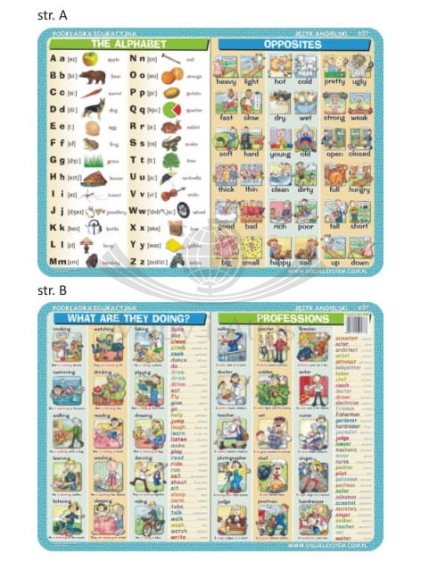 The alphabet, opposites, what are they doing, professions. Dwustronna podkładka edukacyjna 037