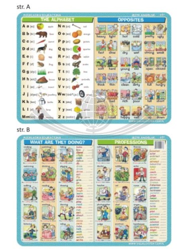The alphabet, opposites, what are they doing, professions. Dwustronna podkładka edukacyjna
