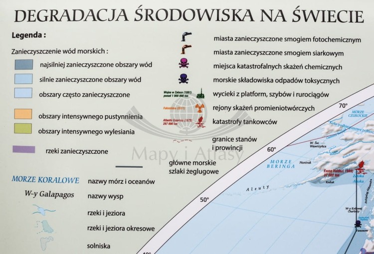 Świat 1: 26 000 000. Degradacja środowiska na świecie. Mapa ścienna wydawnictwa Meridian. Legenda 1
