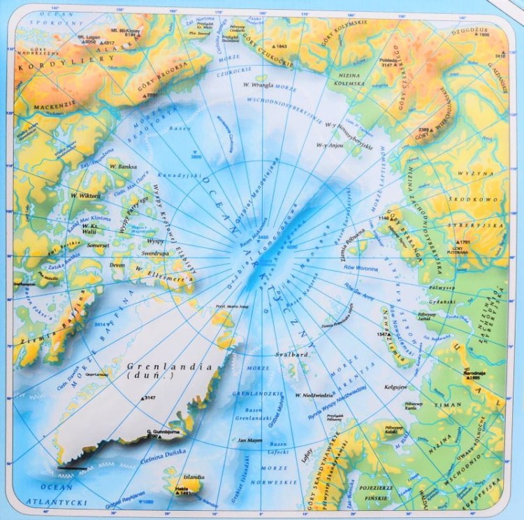 Świat 1:33 000 000. Mapa ścienna fizyczna z elementami ekologii wydawnictwa Meridian. Fragment 6