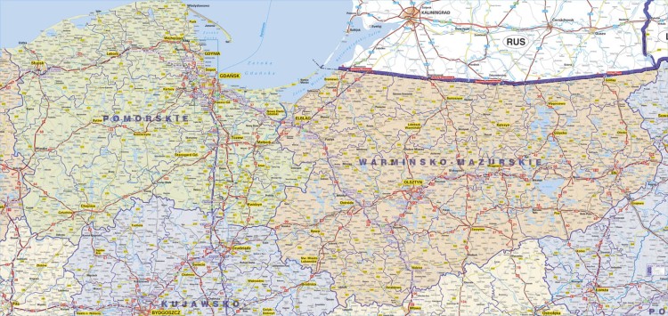 Województwo pomorskie i warmińsko-mazurskie. Mapa ścienna administracyjno-drogowa