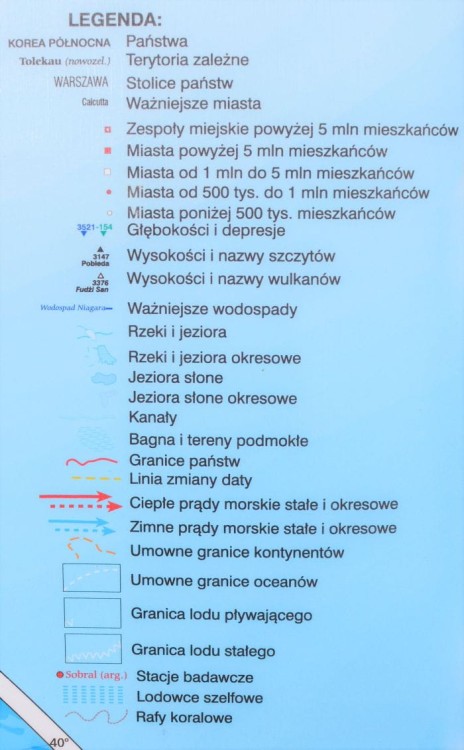 Świat 1:26 000 000. Dwustronna mapa ścienna wydawnictwa Meridian. Fizyczna z elementami ekologii. Legenda