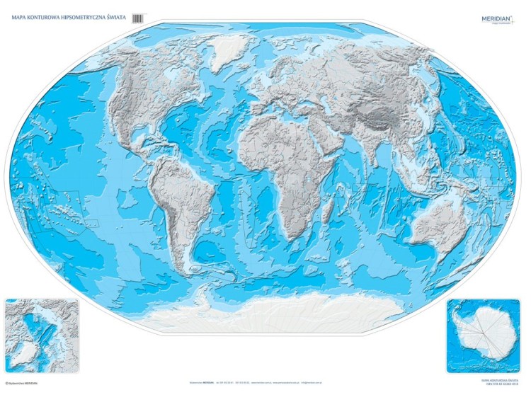 Świat 1:26 000 000. Dwustronna mapa ścienna wydawnictwa Meridian. Hipsometryczna (ćwiczeniowa)