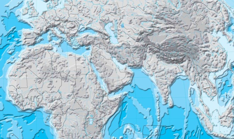 Świat 1:26 000 000. Dwustronna mapa ścienna wydawnictwa Meridian. Hipsometryczna (ćwiczeniowa). Fragment 1