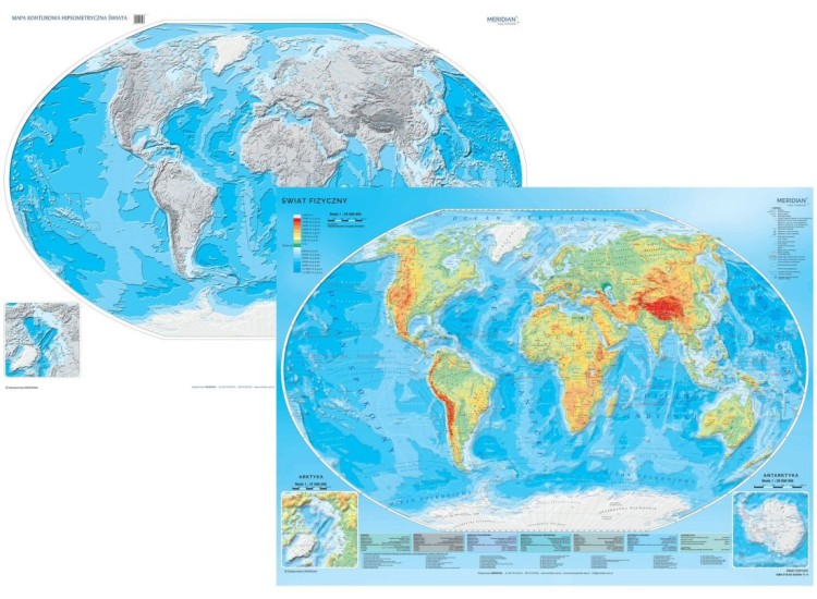 Świat 1:26 000 000. Dwustronna mapa ścienna wydawnictwa Meridian. Fizyczna z elementami ekologii / hipsometryczna (ćwiczeniowa)