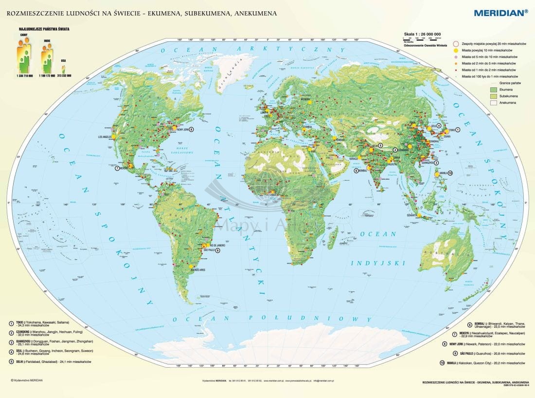 Świat 1:26 000 000. Rozmieszczenie ludności - ekumena, subekumena i anekumena. Mapa ścienna. Drewniane półwałki
